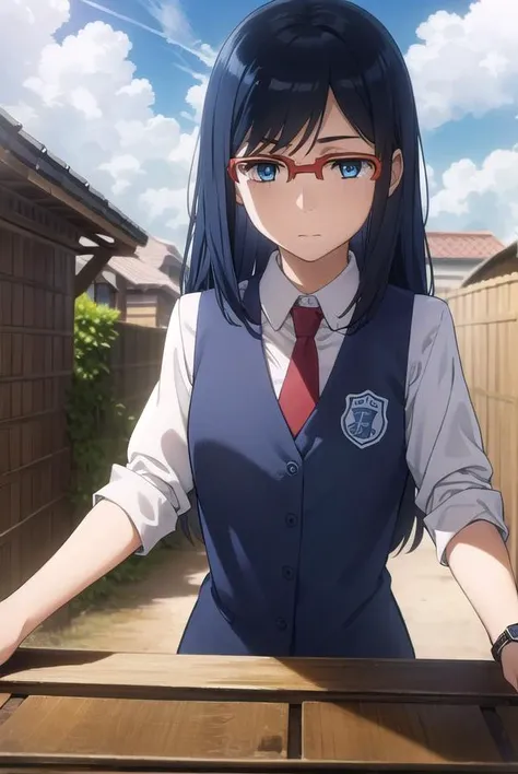 chirikotsurumi, <lora:chiriko tsurumi s1-lora-nochekaiser:1>,
chiriko tsurumi, long hair, blue eyes, blue hair, glasses, red-framed eyewear,
BREAK school uniform, necktie, watch, wristwatch,
BREAK outdoors, house, fields, grass, sky, sun, clouds,
BREAK loo...