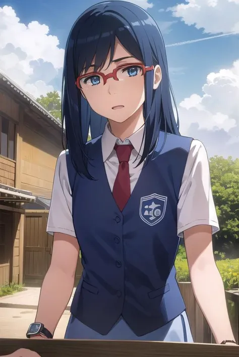 chirikotsurumi, <lora:chiriko tsurumi s1-lora-nochekaiser:1>,
chiriko tsurumi, long hair, blue eyes, blue hair, glasses, red-framed eyewear,
BREAK school uniform, necktie, watch, wristwatch,
BREAK outdoors, house, fields, grass, sky, sun, clouds,
BREAK loo...