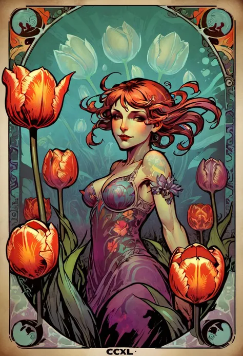 ccxl-mucha, art style, tulip, Psychedelic art drdjns style, comic book artwork in dgst artstyle  <lora:ccxl-mucha_lora_vA1:0.75> <lora:drdjns:0.75>  <lora:SDXL1.0_Essenz-series-by-AI_Characters_Style_DarkestDungeonChrisBourassa-v1.1:0.95>