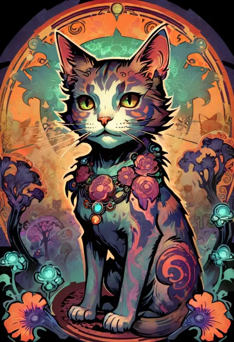 ccxl-mucha, art style, cat, Psychedelic art drdjns style, comic book artwork in dgst artstyle  <lora:ccxl-mucha_lora_vA1:0.75> <lora:drdjns:0.75>  <lora:SDXL1.0_Essenz-series-by-AI_Characters_Style_DarkestDungeonChrisBourassa-v1.1:0.95>