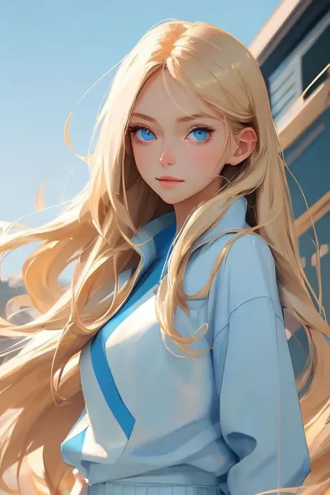 Style of realistic anime, woman, British, 29 years old, medium height, fair complexion, long, straight blonde hair, angular face with striking features, serene expression, light blue eyes, high cheekbones, typically wears minimalist, modern outfits, often ...