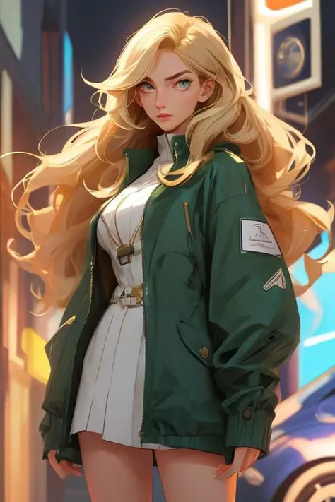 Style of realistic anime, American-British-Argentine woman, 26 years old, tall stature, fair complexion, long blonde hair, parted in the middle and styled straight or in loose waves, wide-set eyes, green eye color, angular face with high cheekbones, striki...