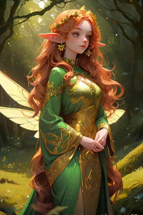 beautiful celtic fairy woman, sidhe, Aos Sí, long wavy (auburn|red) hair, shimmering gold fairy wings, daisy clover flower crown, wearing long flowing emerald green gown with intricate gold embroidery, elf ears, posing in mystical irish forest, early morni...