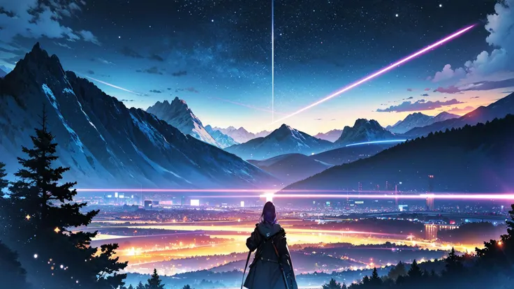 ((best quality, masterpiece, absurbres)), amazing landscape, detailed scenery, aesthetic background, starry sky, shooting stars, big moon, night sky, colorful lighting, cinematic lighting, neon light glowing, gradient Purple green sky, depth of field