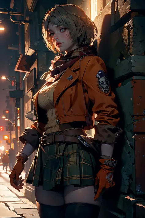 ,
masterpiece, best quality, 1girl, soft shading, detailed, semi-realistic, ((RE4Ashley)), resident evil 4, orange jacket, brown gloves, scarf, belt, plaid skirt, plaid, stockings, night, (((low-key lighting, dimly lit))))), dark, streets, variations, dirt...