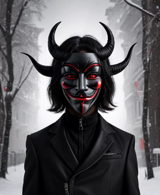 <lora:anonymous:0.4> anonymous, demon, anonymous mask, man, shoulder-length black hair, red eyes, night, horns, black coat