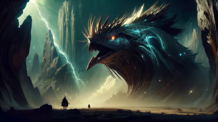 a man standing in front of a giant monster with lightning coming out of it