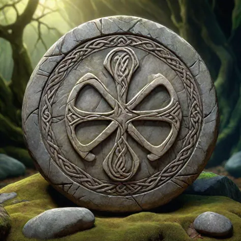 Illustration of a Celtic rune stone with mysterious lines and curves, representing the rune of Wunjo meaning joy, harmony, and happiness. Detailed digital painting with mystical lighting, ancient relic vibes, magical atmosphere, intricate design, by Alan L...