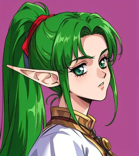 8k, 4k, (highres:1.1), best quality, (masterpiece:1.3), 1990s (style), retro artstyle, fantasy, background, portrait, face, 3/4 angle, 1girl, female elf, Caucasian, dark green hair, absurdly long hair, split ponytail, <lora:pc98GalgameElfRetroSemi_v10:.6>