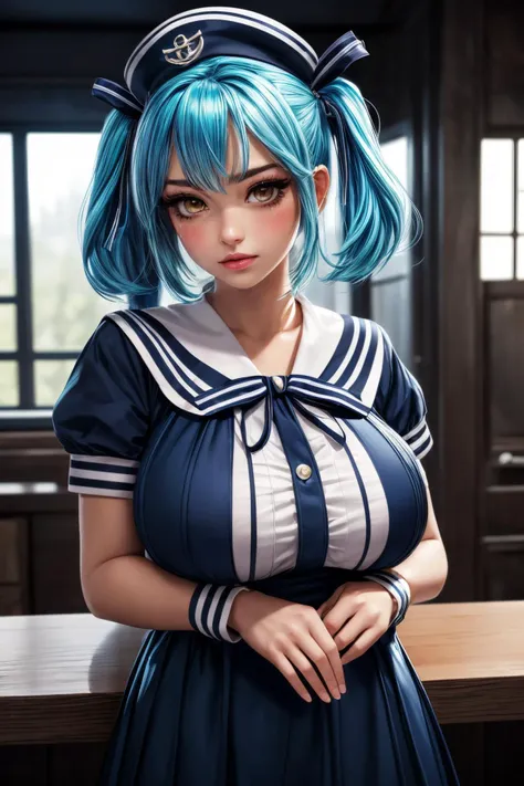 a woman with blue hair and a sailor outfit posing for a picture