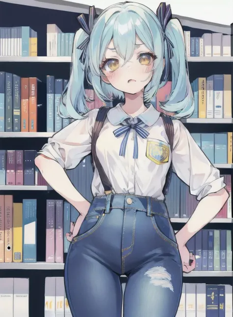 masterpiece,best quality,1girl,twintails,blue hair,yellow eyes,blush,hair ribbon,open mouth,medium hair,light blue hair,orange eyes,bangs,two side up,<lora:LRL-006-000008:0.8>,(library background:1.2),(jeans :1.2),(Standing with hands on hips, making a sil...