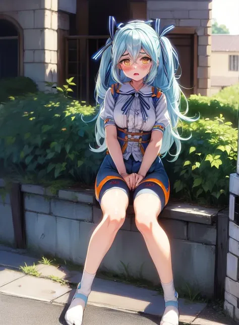 masterpiece,best quality,1girl,twintails,blue hair,yellow eyes,blush,hair ribbon,open mouth,medium hair,light blue hair,orange eyes,bangs,two side up,<lora:LRL-006-000008:0.8>,(medieval village background:1.2),(bike shorts :1.2),(Lying on the side with kne...