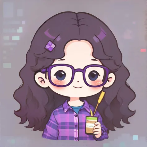 <lora:chibiavatar:0.7> chibi avatar, woman with curly brown hair, blue eyes, wearing glasses, purple flannel shirt, smile, masterpiece, 8k, high resolution, shallow depth of field, sharp focus