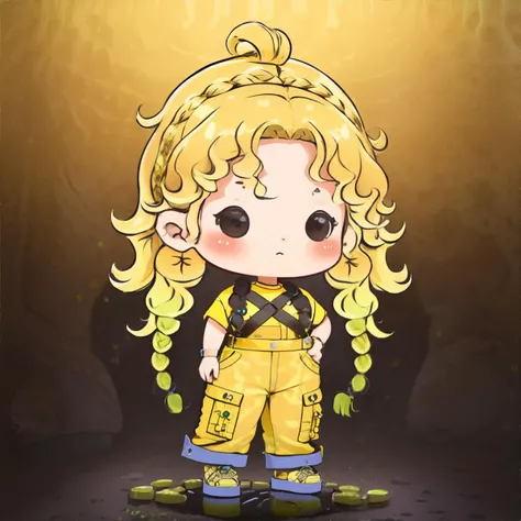 <lora:chibiavatar:0.7> chibi avatar, woman with Canary yellow Waterfall Braid with Curls, wearing Safari Glam: Utility jumpsuit, wedges, and statement jewelry., masterpiece, 8k, high resolution, shallow depth of field, sharp focus