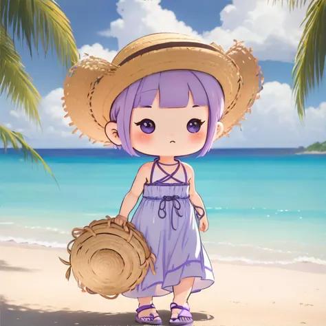 <lora:chibiavatar:0.7> chibi avatar, woman with Lilac purple Tousled Pixie Cut with Side Bangs, wearing Island Escape: Flowy maxi dress, straw hat, and espadrilles., masterpiece, 8k, high resolution, shallow depth of field, sharp focus