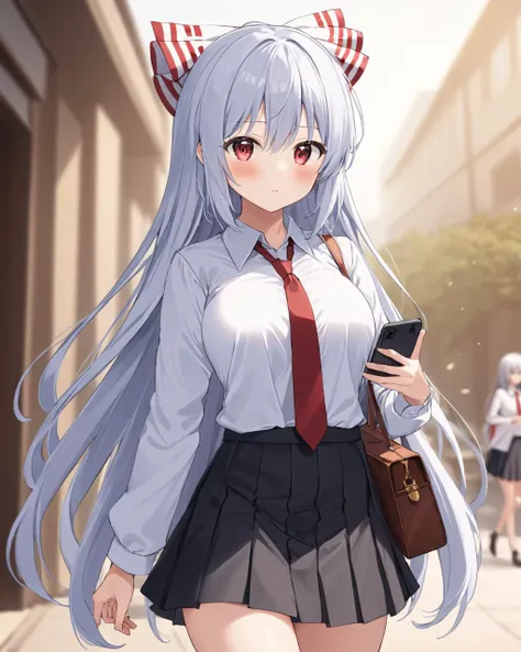 fujiwara no mokou,1girl, solo, red_necktie, bag, white_shirt, hair_bow, school_uniform, looking_at_viewer, white_bow, outdoors, holding_phone, alternate_costume, black_skirt, blurry_background, long_sleeves, blush, collared_shirt, closed_mouth, standing, b...