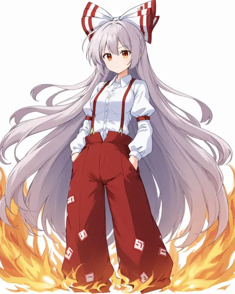 fujiwara no mokou,1girl, solo, suspenders, white_background, hair_bow, red_pants, looking_at_viewer, hands_in_pockets, collared_shirt, white_shirt, simple_background, white_bow, closed_mouth, cowboy_shot, breasts, red_bow, sidelocks, buttons, fire, juliet_...