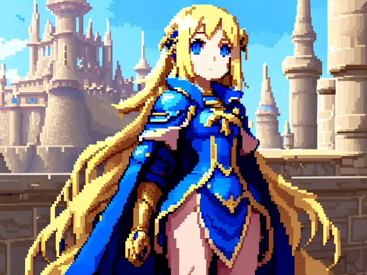 pixel art of waifu girl; blonde hair; blue eyes; blue dress; cape; historical castle; anime; exceptional; best aesthetic; new; masterpiece; very detailed; correct anatomy; golden ratio; perspective