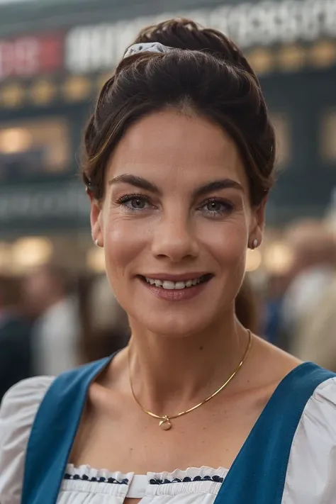 1girl, solo, portrait of a Oktoberfest waitress wearing a traditional German dirndl, grin, from front, blurry_background, bokeh, chromatic_aberration, depth_of_field, female focus, photorealistic, soft colors, masterpiece, high quality, (high detailed skin...