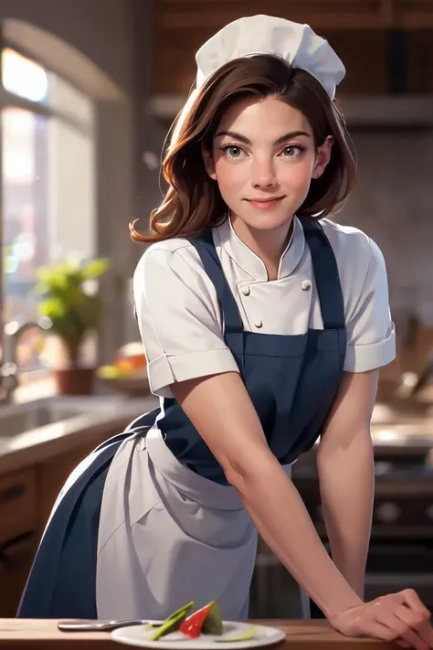 1girl, solo, portrait of a chef at a kitchen, bend over the table, from front, looking at viewer, smirk, blurry_background, bokeh, chromatic_aberration, depth_of_field, female focus, photorealistic, soft colors, masterpiece, high quality, (high detailed sk...