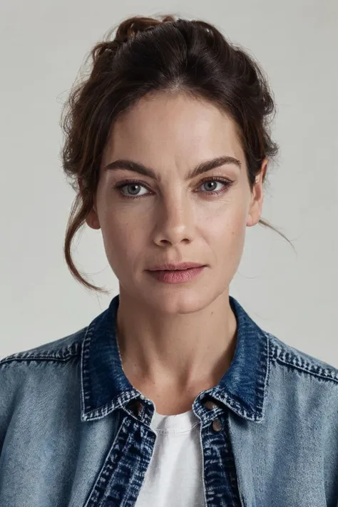 1girl, solo, portrait of a woman wearing denim jacket and white tee, (looking at viewer:1.2), focus on face, symmetrical angle, simple white background, female focus, photorealistic, soft colors, masterpiece, high quality, (high detailed skin:1.1)
 <lora:m...