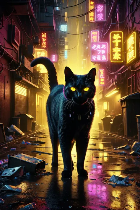 film noir style, mash-up of Sin City and The Spirit, 1940s, monochrome,
cat with yellow eyes and wet fur strolling through deserted alley, lots of garbage, messy alley, colorful neon lights, heavy rain, extremely detailed, ultra-realistic, cinematic light,...