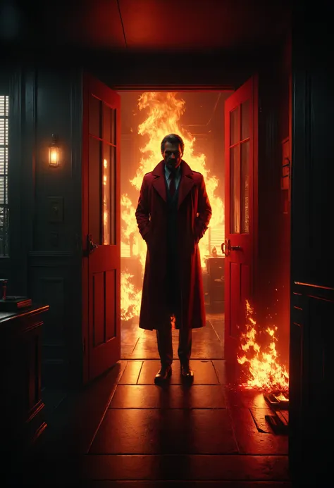 a man in a red coat standing in a dark room with a fire in the background