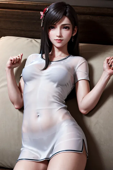 (masterpiece:1.2),(best quality:1.2),1girl,solo,<lora:tifa-000014:0.7>,tifa,red eyes,pajamas,hair ornament,cowboy shot,bed,lying,see-through,