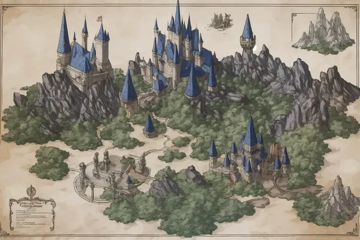 a close up of a map of a castle with a lot of trees