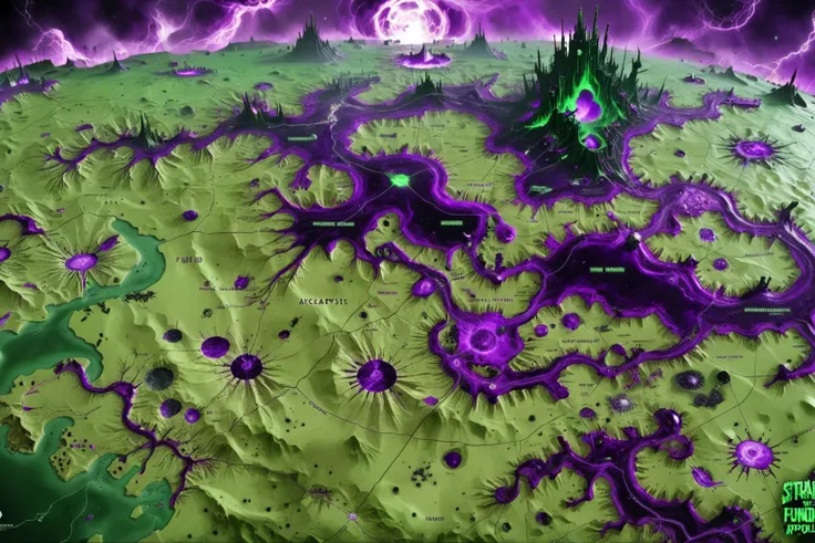 a close up of a purple and green alien landscape with a purple light