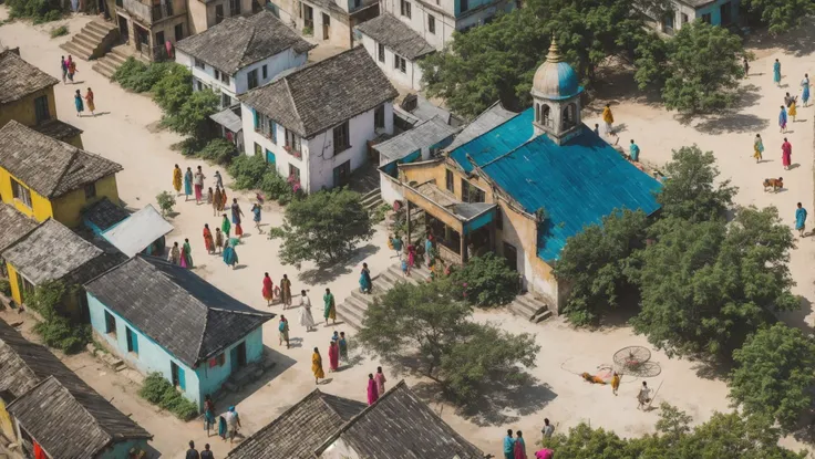 araffes in a village with a blue roof and a blue dome