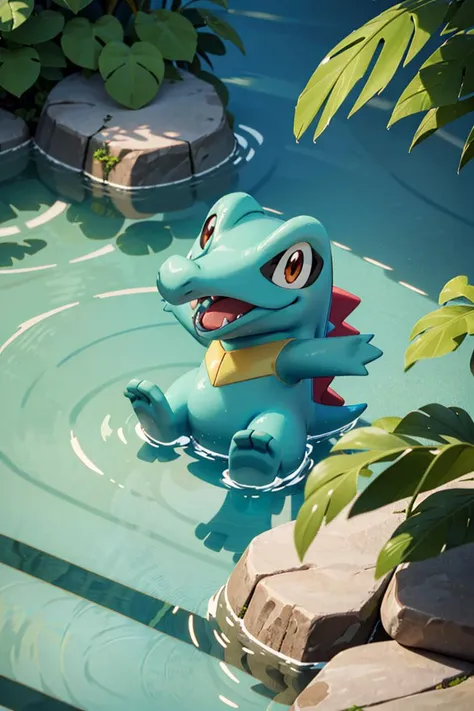 there is a toy dragon in the water near a rock