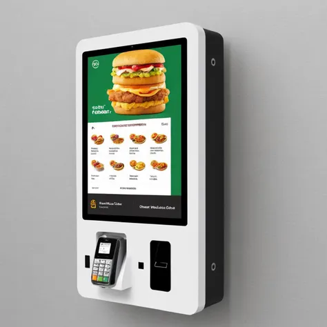 a white and black vending machine with a menu on the screen