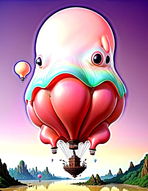 surreal landscape, giant dumbo octopuses, sky balloons, M.C. Escher staircases, floating islands, pastel sky, luminescent bodies, otherworldly lighting, intricate patterns, fantastical imagery,hyperrealistic, dumbo_oktopus,Picture a surrealistic landscape,...