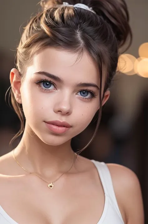 a close up of a woman with a white top and a necklace