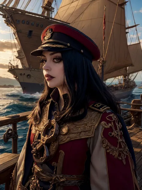 best quality, masterpiece,  jp-GG1-800 1girl, Style-GravityMagic, portrait, solo,  (full body:0.6), looking up, detailed background, detailed face, (<lora:WoodIronAIv2:0.6>, WoodIronAI theme:1.1), ship captain, confident, brown  naval uniform, elegant cloa...