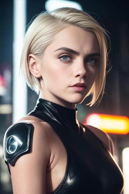 raw photo, portrait of (a caradelevingne_ti:0.98), ((naked)), (detailed face), (small breast), (upper body view), rainy cyberpunk city at night, (platinum blond asymmetrical short undercut hair),blue eyes, pale skin, neon signs, (detailed eyes), (highly de...