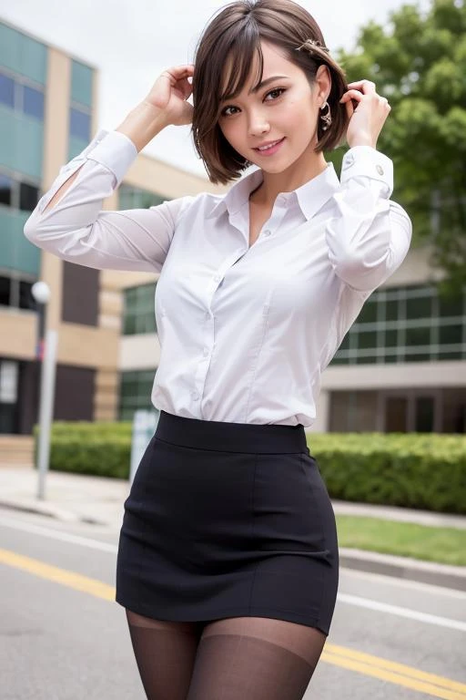 a woman in a skirt and white shirt posing for a picture