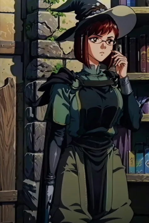 anime character in a witch costume standing in front of a book shelf