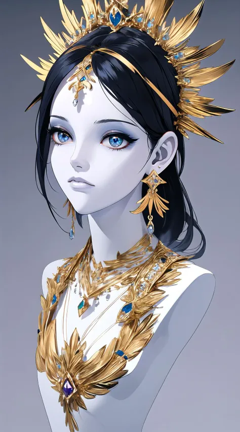 a woman with a gold crown and blue eyes