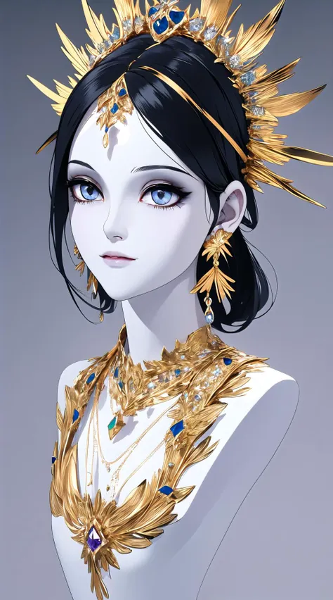 a woman with a gold crown and blue eyes wearing a necklace