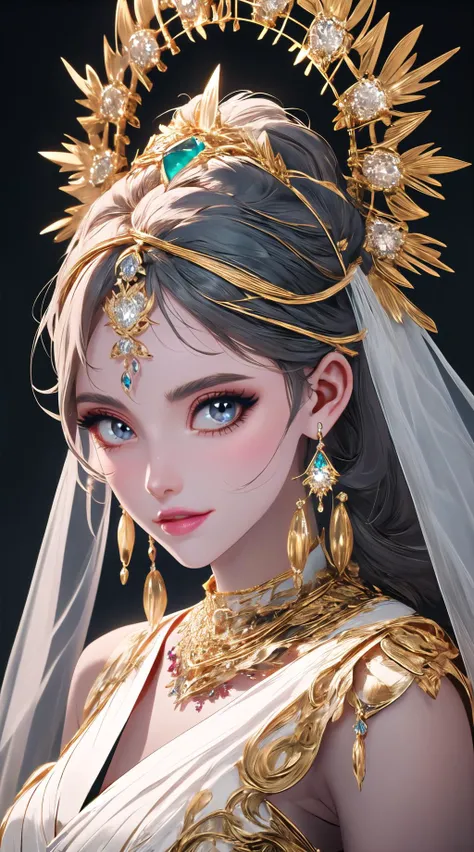 a woman in a gold dress and tiable with a veil