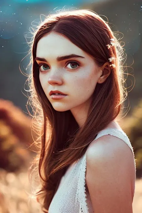 a woman with long hair and a white top standing in a field