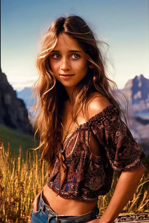 a close up of a woman with long hair wearing a top