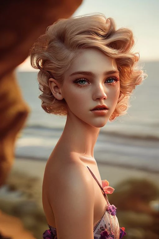 a woman with blonde hair and blue eyes standing on a beach