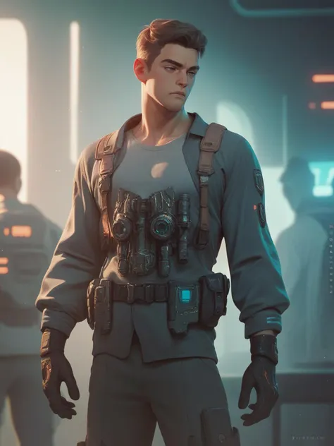 a man in a uniform standing in front of a spaceship