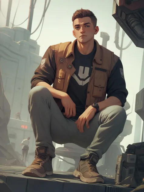 a man sitting on a platform in a sci - fi environment