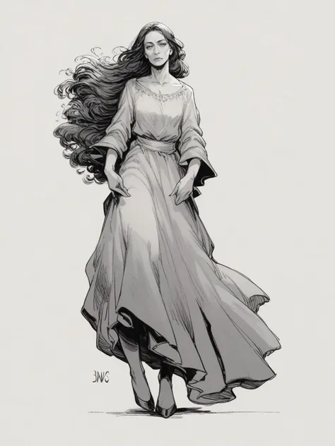 a drawing of a woman in a long dress with long hair