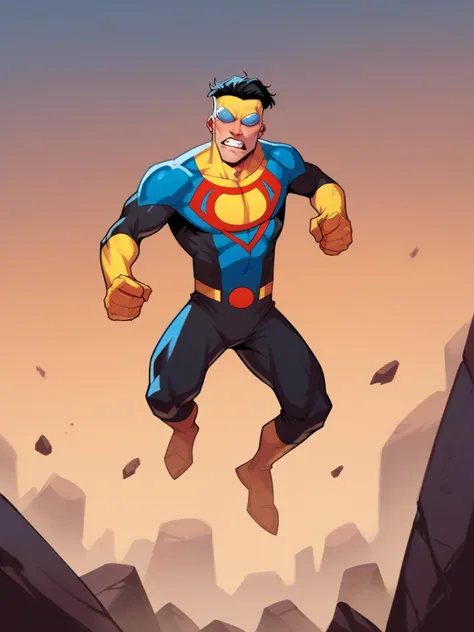 a cartoon of a man in a blue and yellow outfit jumping over a rocky area