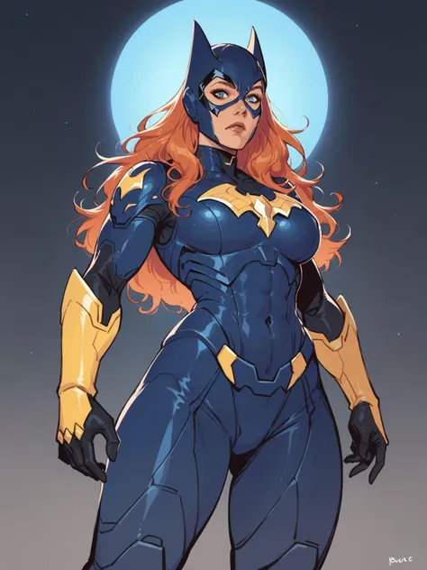 a woman in a blue and yellow costume standing in front of a full moon